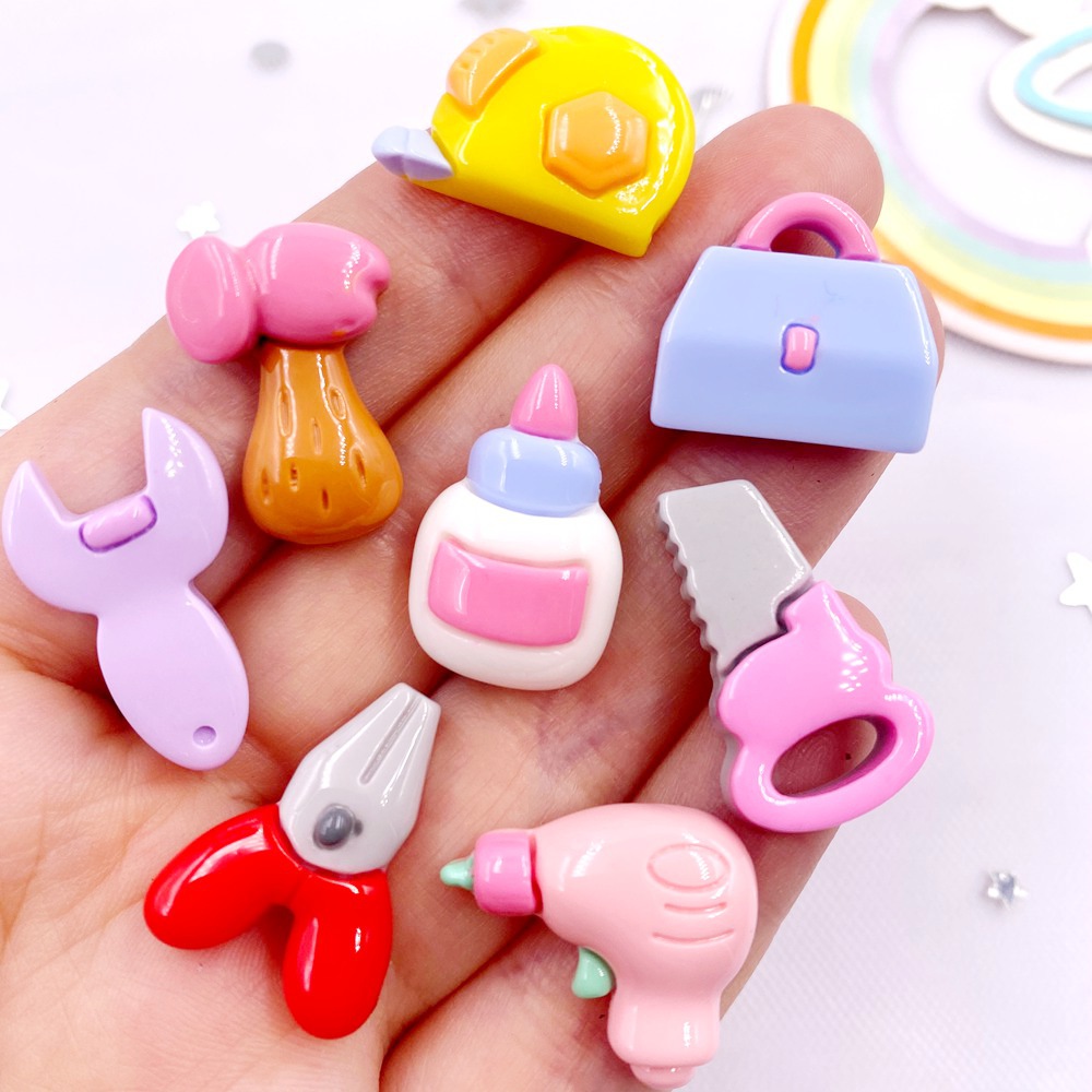 Embellishment Glue Craft - คีมเรซินที่มีสีสันค้อนประแจไม้บรรทัดกาวหลังเรียบ Cabochon เครื่องมือชีวิตรูปแกะสลัก10ชิ้นตกแต่ง DIY งานฝีมือ