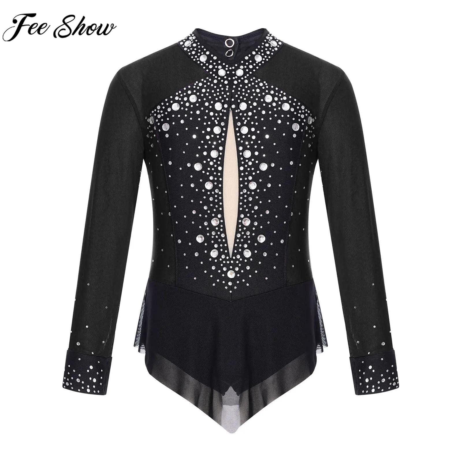 Rhinestone Banding Trim - ชุดบอดี้สูทเด็กผู้หญิงสำหรับฟิกเกอร์สเก็ต บัลเลต์ ยิมนาสติก แอคโรบิก แขนยาว ประดับคริสตัลวิบวับ